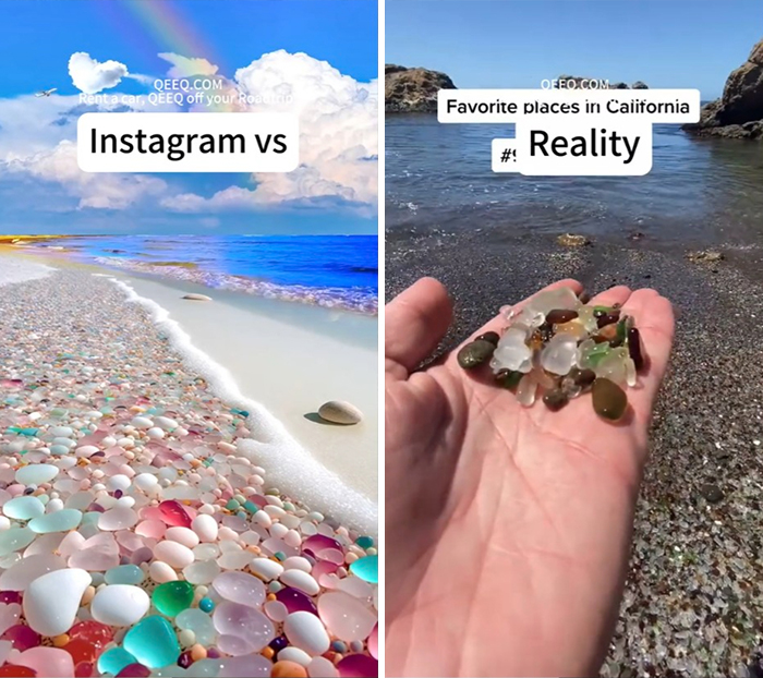 Beach with colorful sea glass under bright sky representing Instagram vs reality travel moments at California coastline.