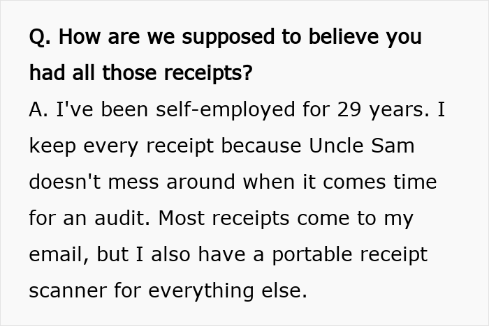 Text excerpt showing a man discussing keeping receipts and mentioning being self-employed for 29 years with tax audit precautions.