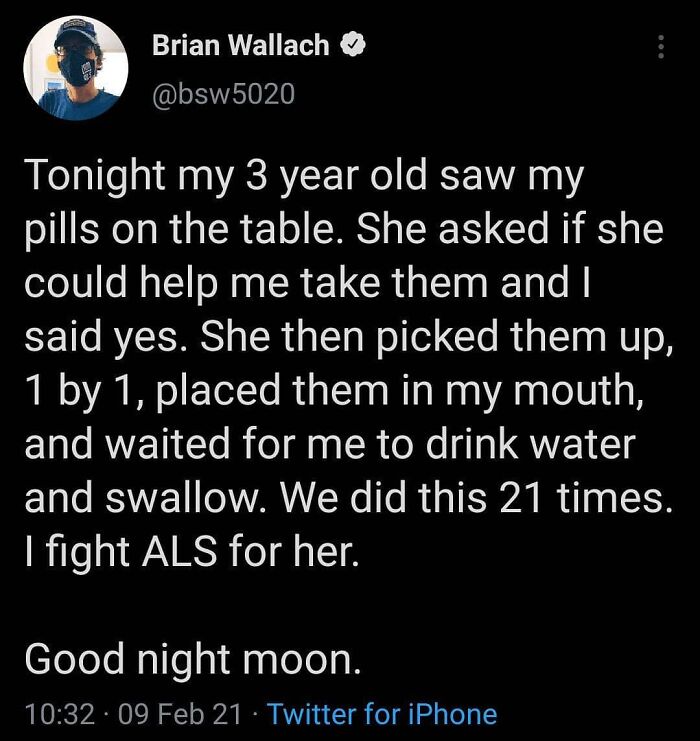 Tweet from Brian Wallach about his daughter helping him take pills, highlighting feel-good moments that restore faith in humanity.