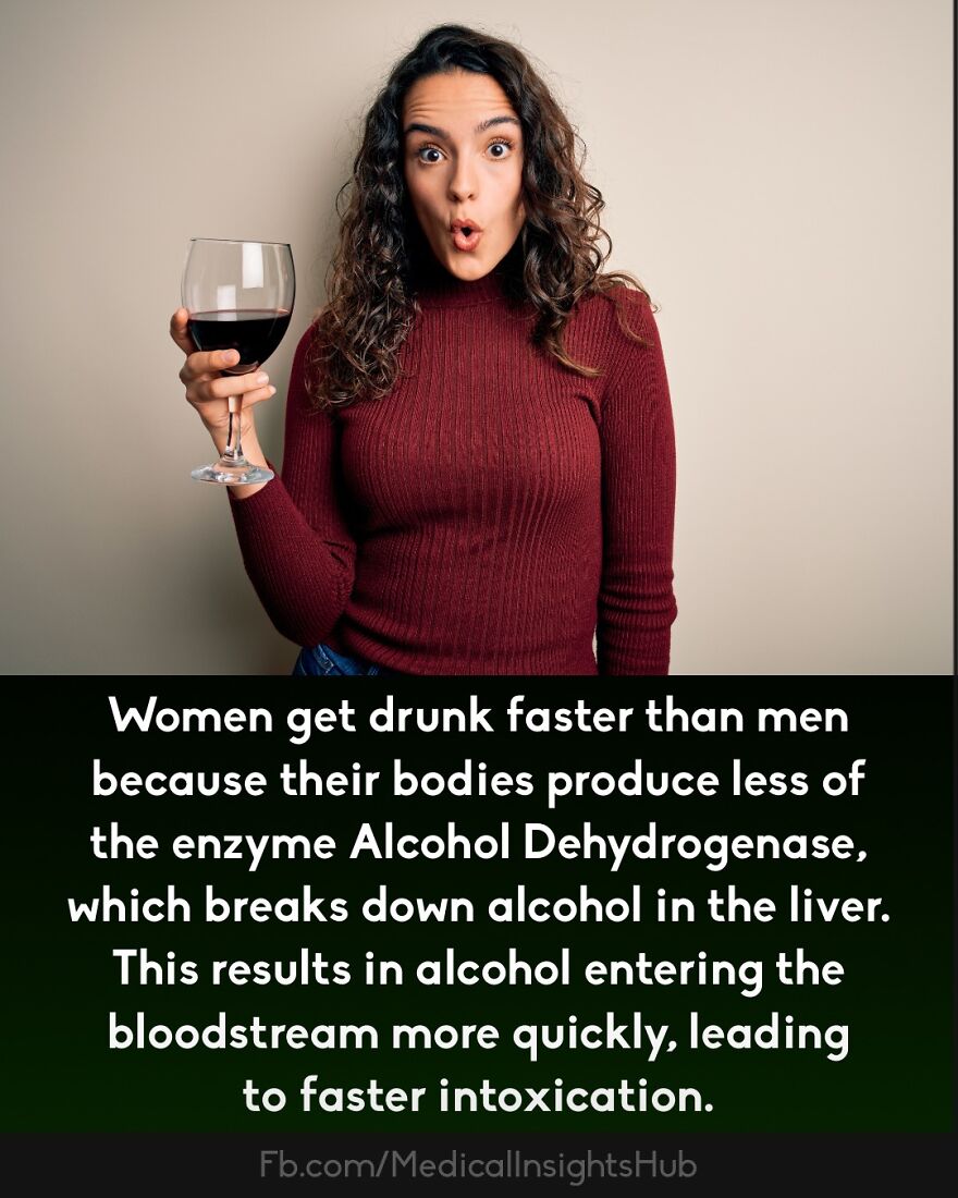 Young woman holding a glass of wine with a surprised expression illustrating curious medical facts about body enzymes.