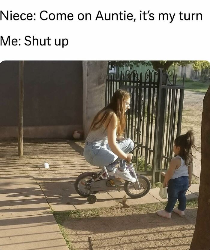 Woman riding a small bike while a child asks for a turn, showcasing funny posts to share with friends.