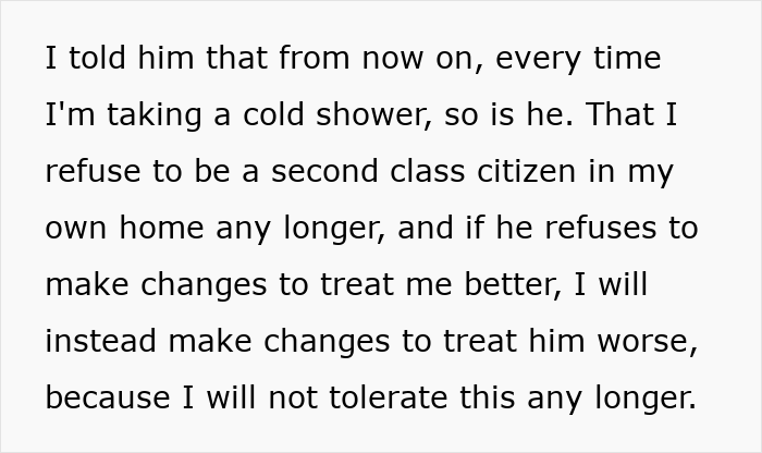 Alt text: Text describing a wife threatening her husband with cold showers due to his bad memory and poor treatment of her.