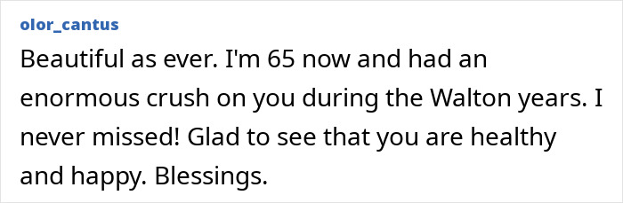 Comment expressing admiration for beloved 70s TV actress who sparked frenzy with bold Playboy shoot, noting health and happiness. Comment expressing admiration for beloved 70s TV actress who sparked frenzy with bold Playboy shoot, noting health and happiness.