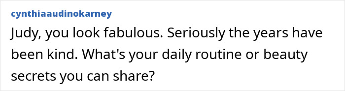 Comment praising beloved 70s TV actress for her beauty and asking about her daily routine and beauty secrets. Comment praising beloved 70s TV actress for her beauty and asking about her daily routine and beauty secrets.