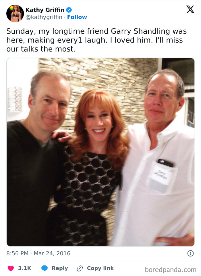 Kathy Griffin with Garry Shandling and another man smiling in a casual setting, a famous people last known photo.