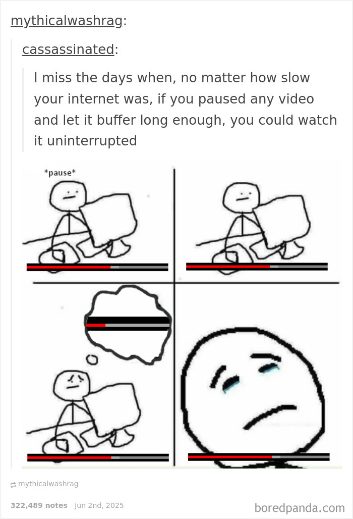 Social media post and meme showing nostalgic frustration about video buffering in a relatable Gen-Z memes style.