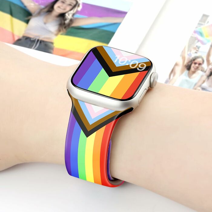 Smartwatch with a colorful Pride band featuring the inclusive rainbow design as a stylish all-year accessory.