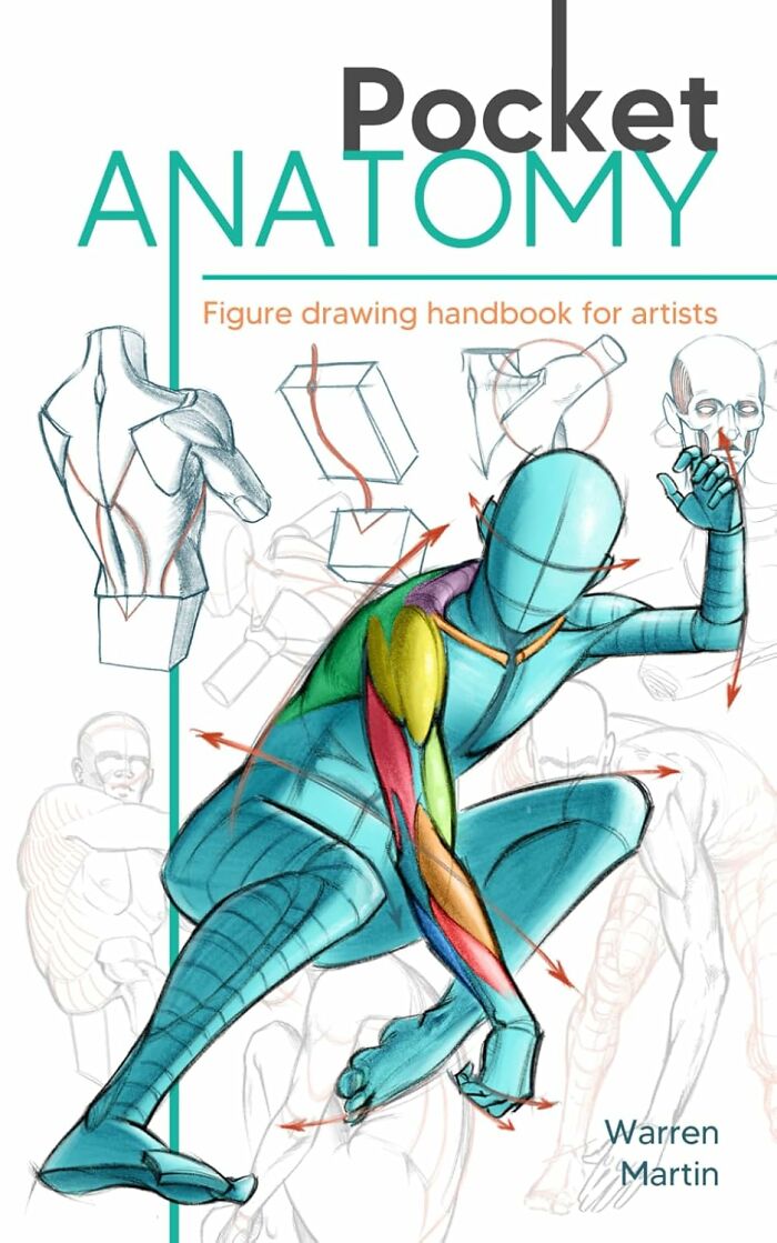 Pocket anatomy figure drawing handbook for artists with colorful muscle illustrations and dynamic pose sketches for creative spirit.