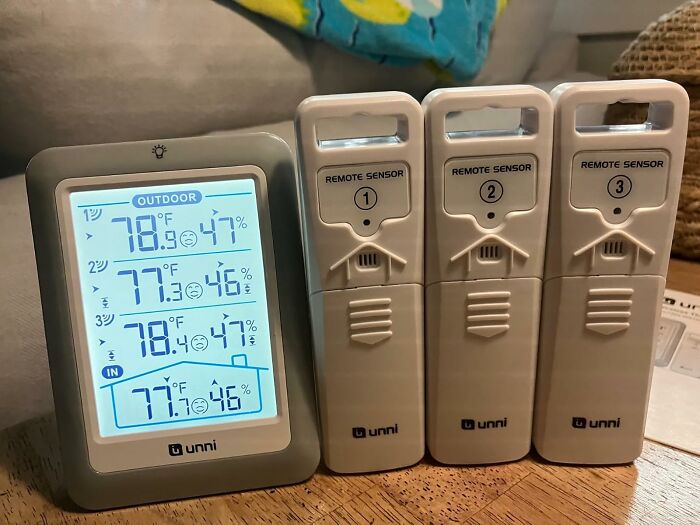 Digital indoor and outdoor thermometer with three remote sensors, showcasing top Prime Day home deals for smart living.