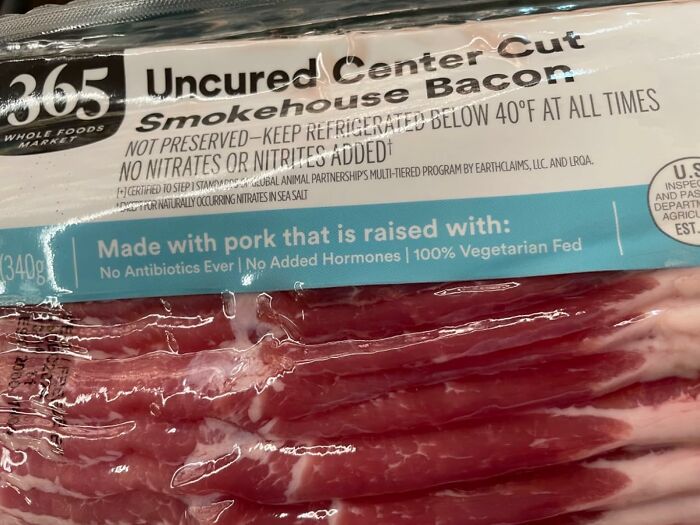 Package of 365 Whole Foods uncured center cut smokehouse bacon, an Amazon Fresh staple cheaper than big box stores.