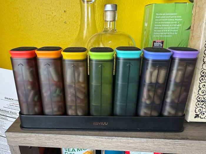 Color-coded pill organizer with multiple compartments, showcasing a practical old invention with a modern glow up design.