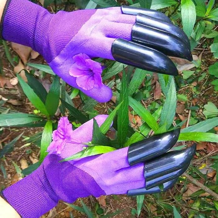 Purple gardening gloves with black claw tools attached, designed for digging and planting in outdoor garden settings.