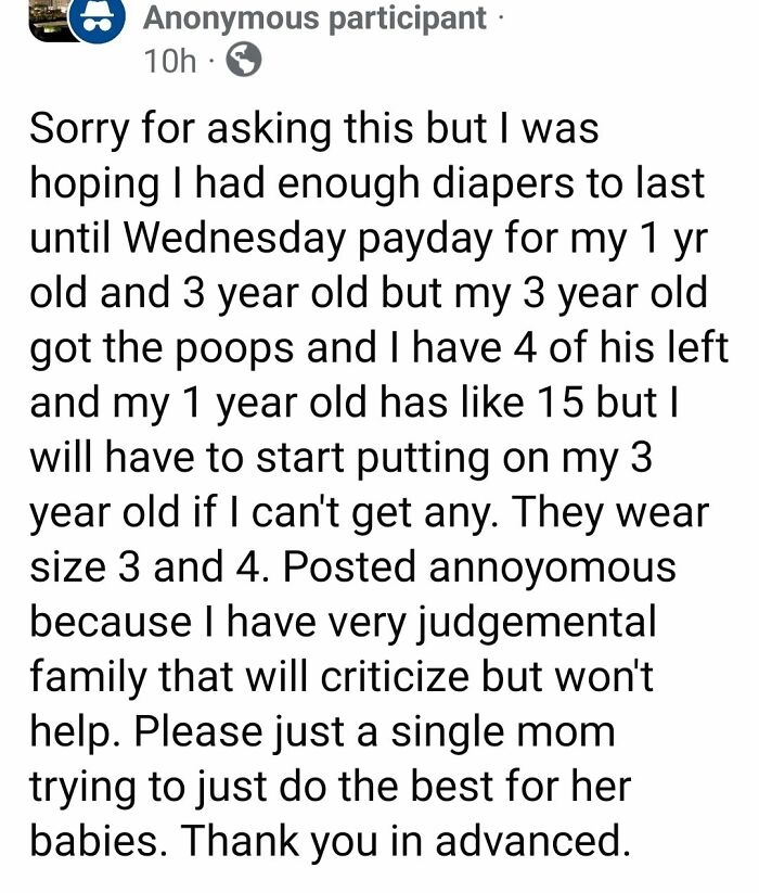 Screenshot of a single mom asking for diaper help, highlighting entitled single moms who think they no longer have to pay.