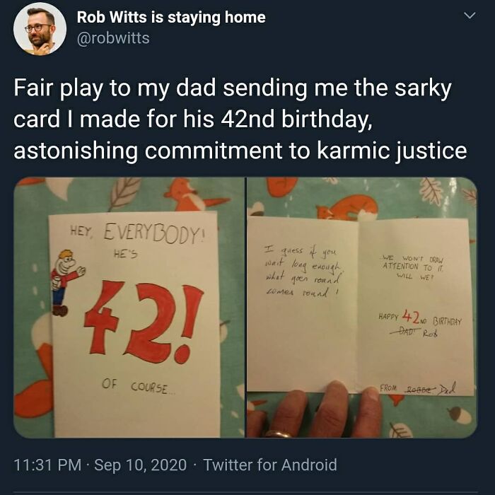 Screenshot of a humorous birthday card exchange showing wholesome and feel-good family moments.