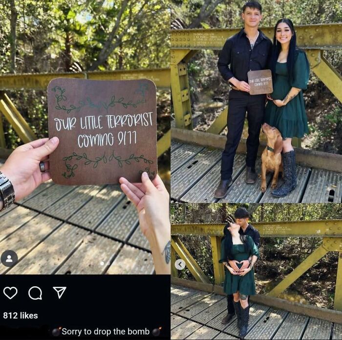 Couple posing on bridge holding sign with offensive DIY craft project in outdoor setting with dog nearby.