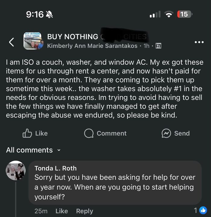 Social media post from entitled single mom asking for free couch, washer, and AC after ex stopped paying.