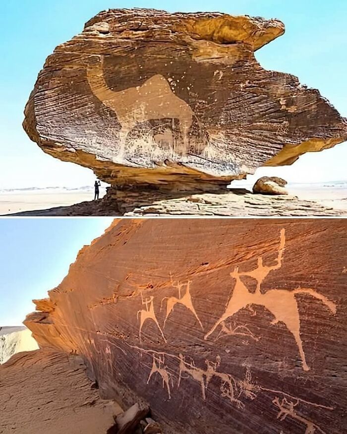 Ancient rock art and petroglyphs depicting animals and hunters in a desert landscape from archaeology world.