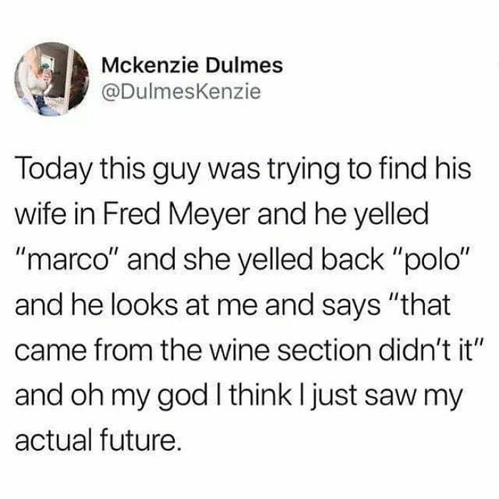 Screenshot of a feel-good social media post about a couple playfully calling "Marco" and "Polo" in a store, wholesomeness captured.