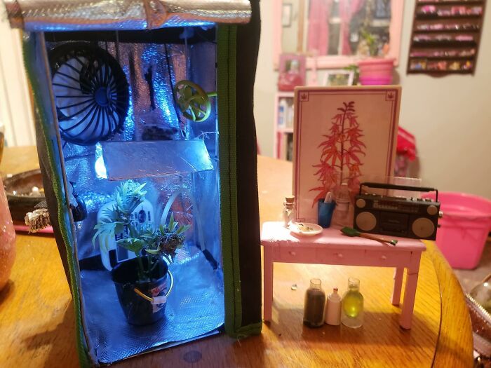 Miniature DIY grow tent with plants and a pink table displaying small bottles and a radio in a craft shaming project.