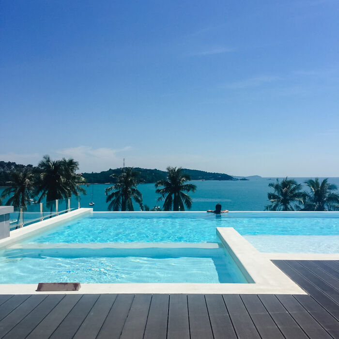 Infinity pool overlooking ocean and palm trees, showcasing the lifestyle of out-of-touch rich people flaunting wealth.