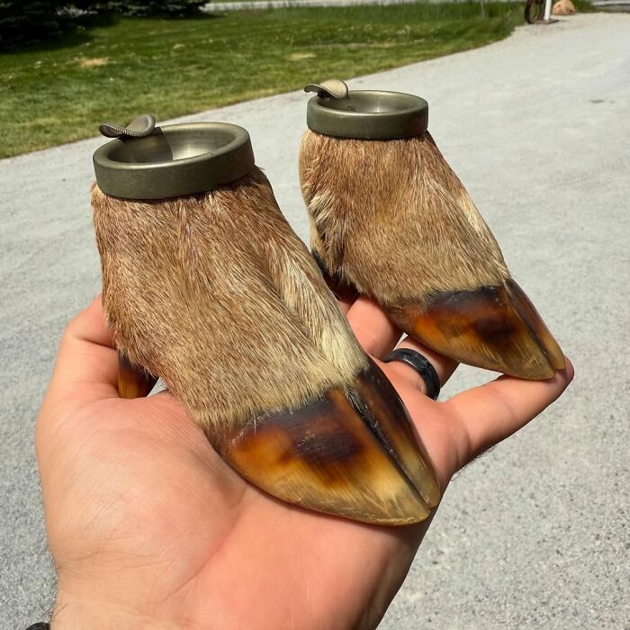 Pair of vintage secondhand drinking vessels made from animal hooves and fur held outdoors on a hand.