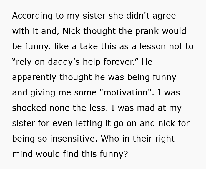 Text excerpt from a story about a man pulling a harmless prank on his girlfriend&rsquo;s sister and her reaction to it.