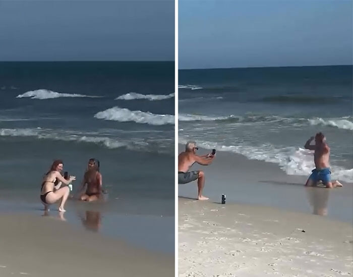 Two unhinged influencers posing dangerously close to ocean waves on the beach, doing crazy stunts for views.
