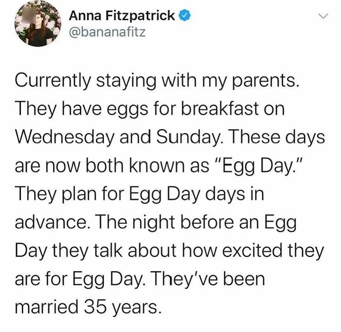 Tweet about a couple celebrating Egg Day traditions, a feel-good post restoring faith in humanity on the wholesome side.