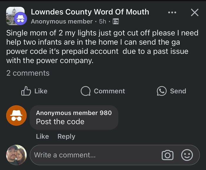 Single mom of two requests help after lights cut off, mentioning prepaid power account and past power company issues.