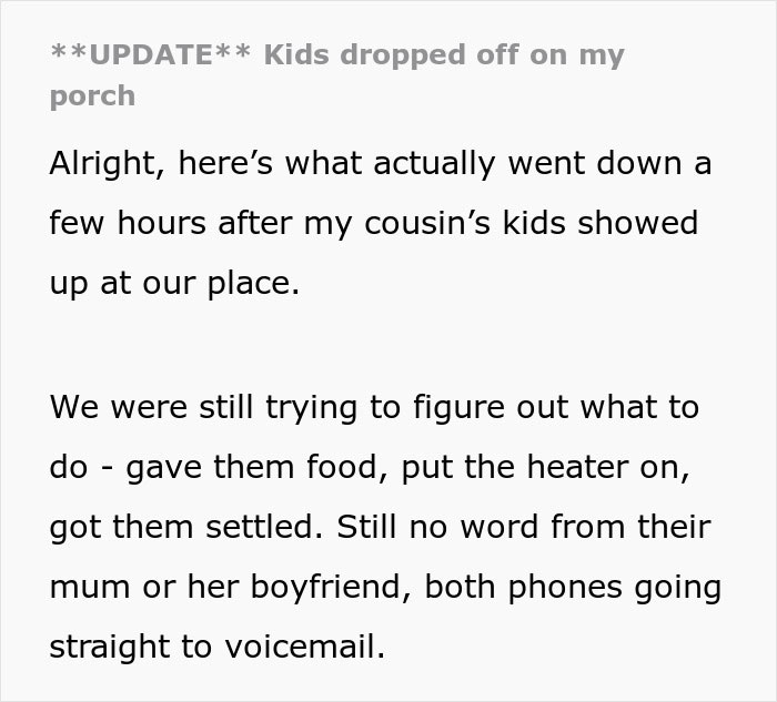 Text update on poor parenting as cousin babysits kids, highlighting risks of custody loss due to neglect and lack of communication.