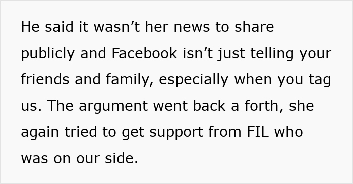 Text excerpt discussing a MIL hijacking a pregnancy announcement on Facebook, causing family conflict over deleting it.