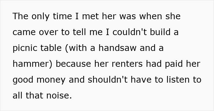 Text excerpt about cabin renters and noise complaint from an entitled lady luring renters with free babysitters.