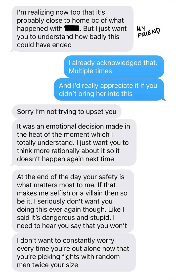 Text message exchange showing a conversation about safety and confronting men over a potential kidnapping incident. Text message exchange showing a conversation about safety and confronting men over a potential kidnapping incident.
