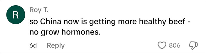 Comment on viral post about China dropping US products, mentioning healthier beef without growth hormones.