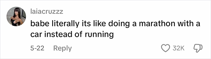 Screenshot of a social media comment about weight loss comparing Ozempic to running a marathon with a car. Screenshot of a social media comment about weight loss comparing Ozempic to running a marathon with a car.