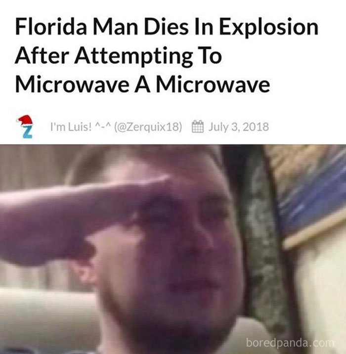 Man saluting humorously in a meme about men doing dumb things explaining why women live longer