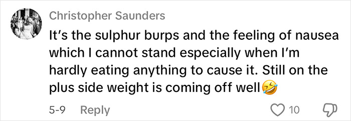 Comment about sulphur burps and nausea as side effects experienced by a woman who dropped 84 lbs on Mounjaro.