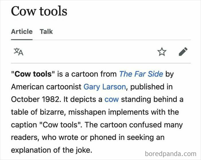 Screenshot of a Wikipedia article snippet about the cartoon Cow tools, from funny and interesting Wikipedia snippets.