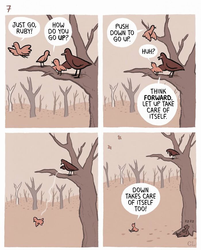 Comic panels of Ruby and Mo birds on a tree illustrating themes of love, loss, and healing through a touching story.