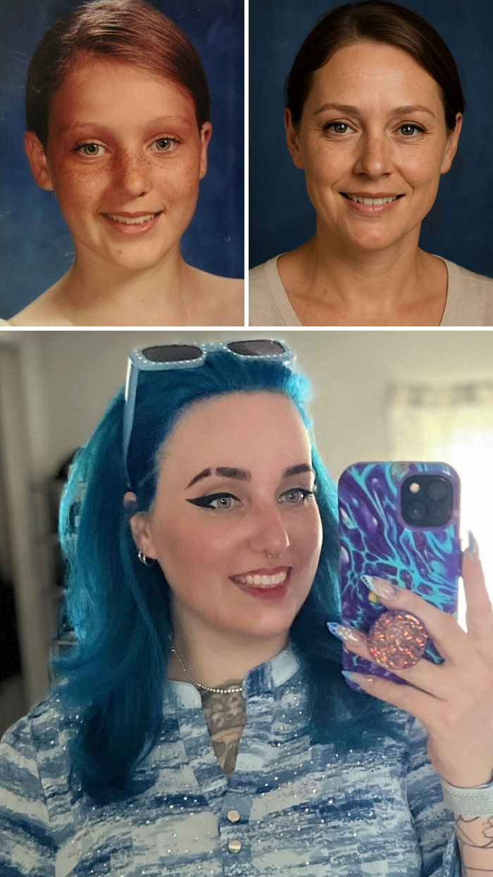Side-by-side and selfie photos showing childhood to adult transformations with ChatGPT age prediction comparison.