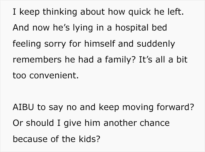 Text expressing doubt about a man regretting leaving his wife after ending up in the hospital and asking about giving him another chance.