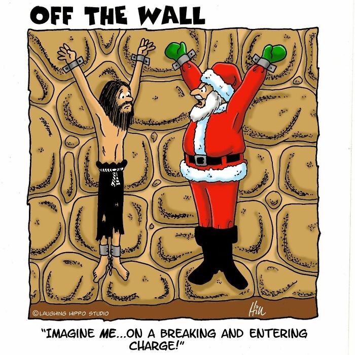 Cartoon showing a dungeon fail with a prisoner and Santa in a comic capturing offbeat dungeon fails humor.