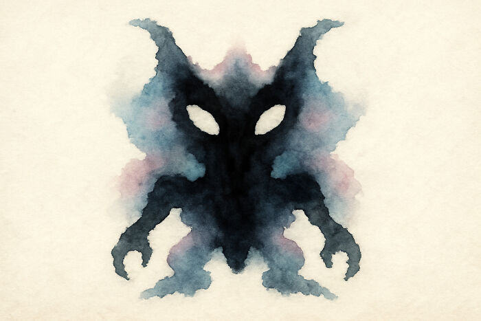 Abstract Rorschach inkblot resembling a dark creature with clawed hands and glowing eyes, used in psychological tests.
