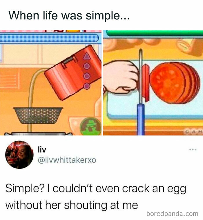 Cartoon gameplay images with text about simple life and a tweet about not relating fully to Millennials or Gen Z.