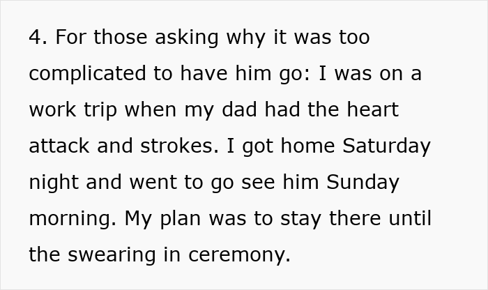 Text passage explaining absence during swearing in ceremony due to family emergency involving boyfriend attorney swearing moment.