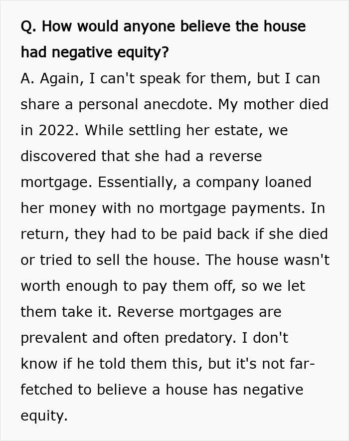 Text excerpt discussing negative equity in a house, reverse mortgage, and predatory lending affecting estate settlement.
