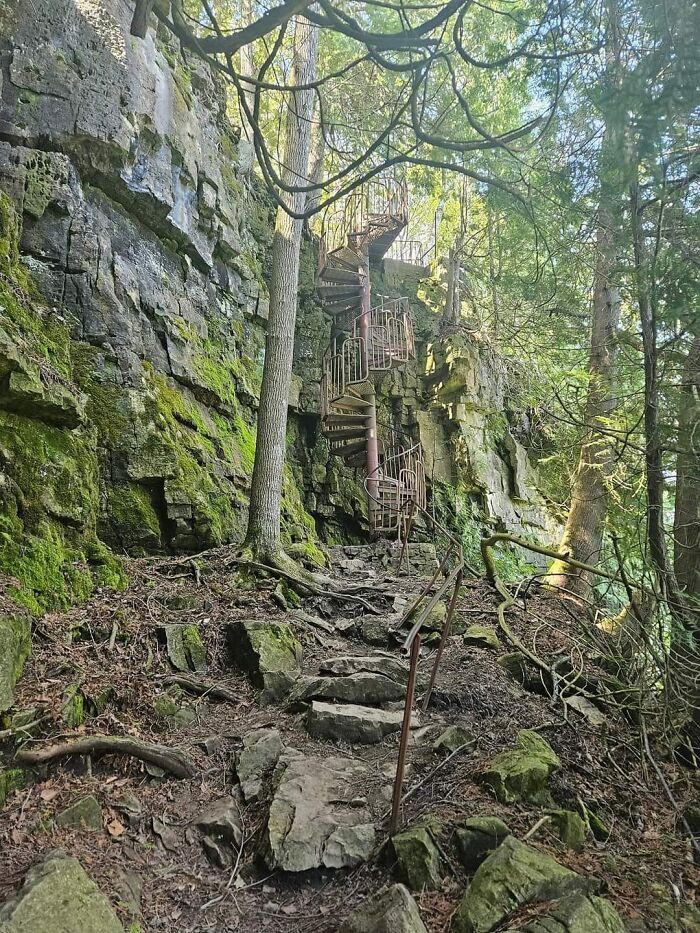 Spiral death stairs on a rocky cliff surrounded by trees and uneven stone steps leading up through the forest.