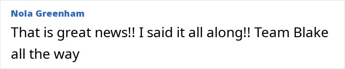 Comment praising Blake Lively and showing support amid Justin Baldoni's $400M lawsuit dismissal news.