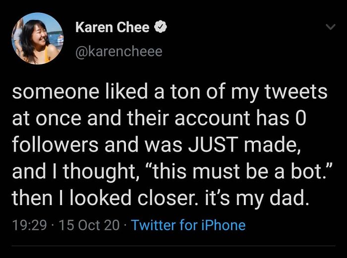 Tweet screenshot describing a feel-good moment where a new account liking many tweets turns out to be a family member.