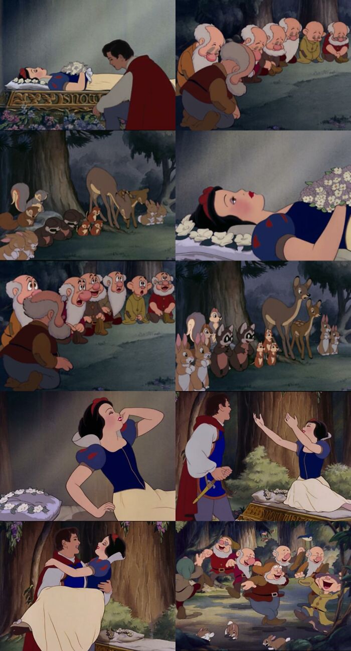 Collage of Snow White scenes with dwarfs and animals, shared in a Facebook group connecting generations beyond Millennials and Gen Z.